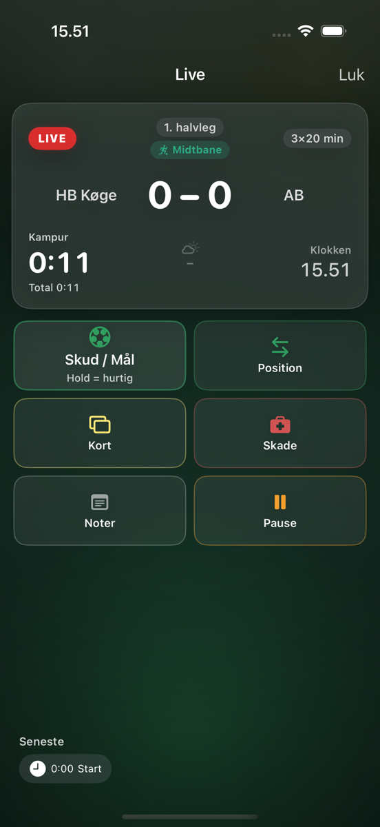 LUKON Fodbold live: HB Køge 0–0 AB, Midtbane, knapper til skud/mål, position, kort, skade, noter og pause